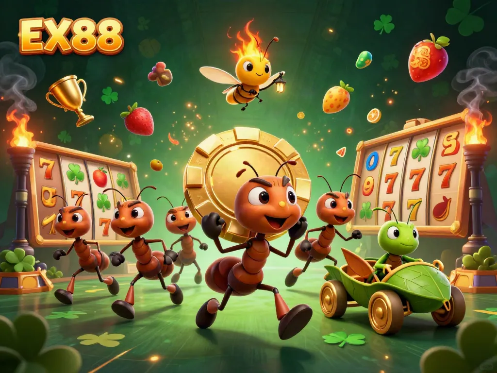 Engage with EX88's golden poker chip heist illustration filled with fun casino elements.
